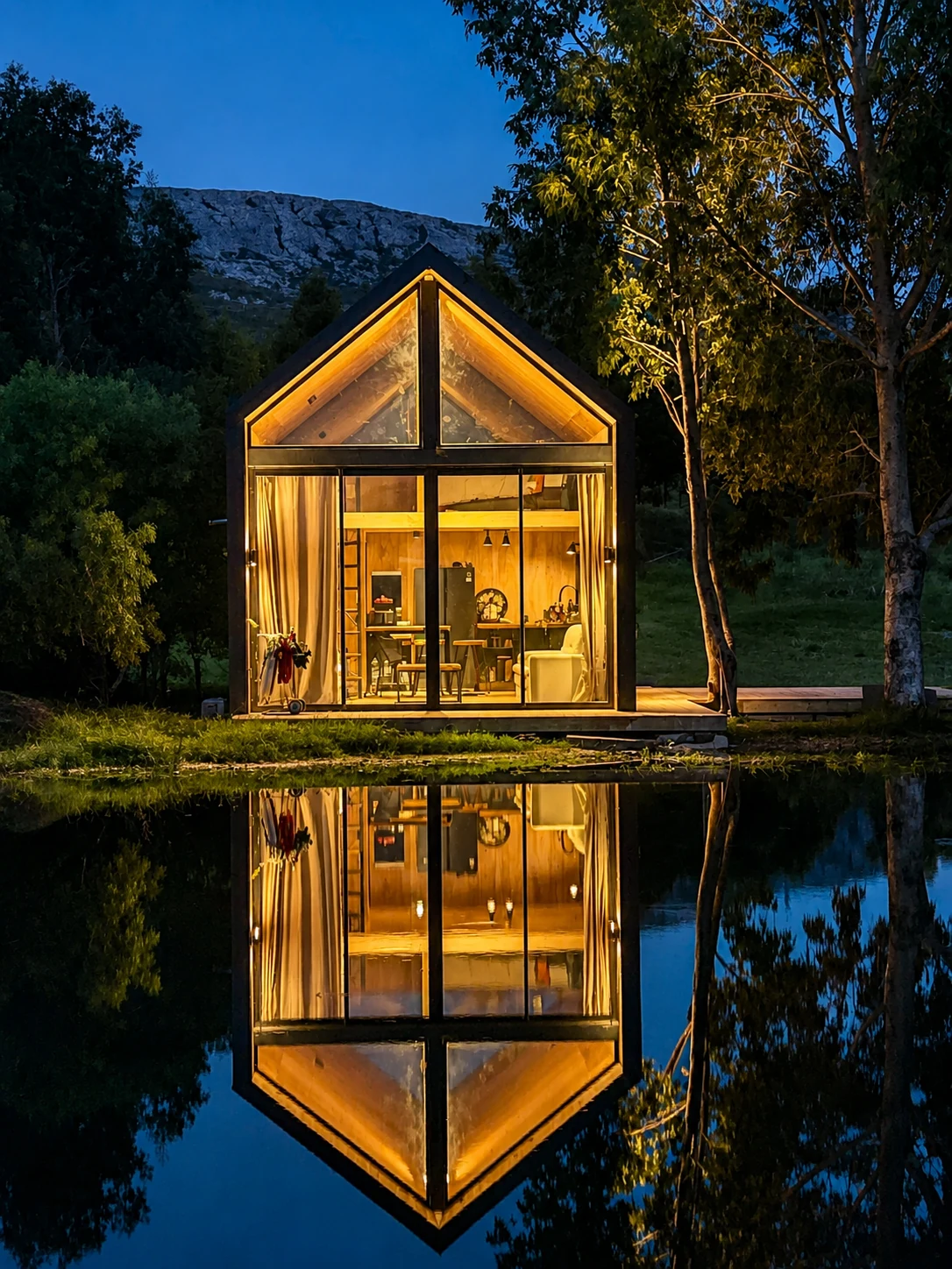 Cabaña terminada iluminada al atardecer con reflejo sobre el estanque