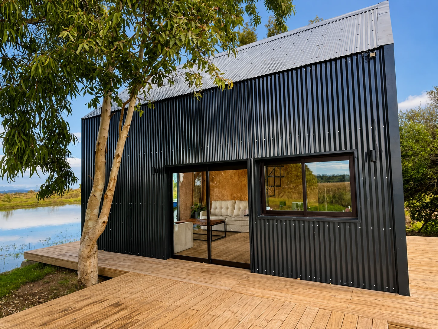 Fachada negra terminada de una cabaña moderna junto a la laguna