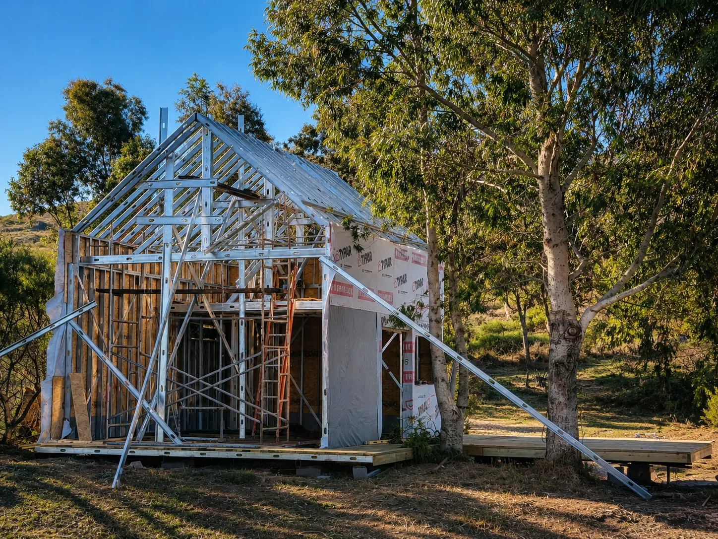 Vista frontal de la estructura de steel framing durante la construcción
