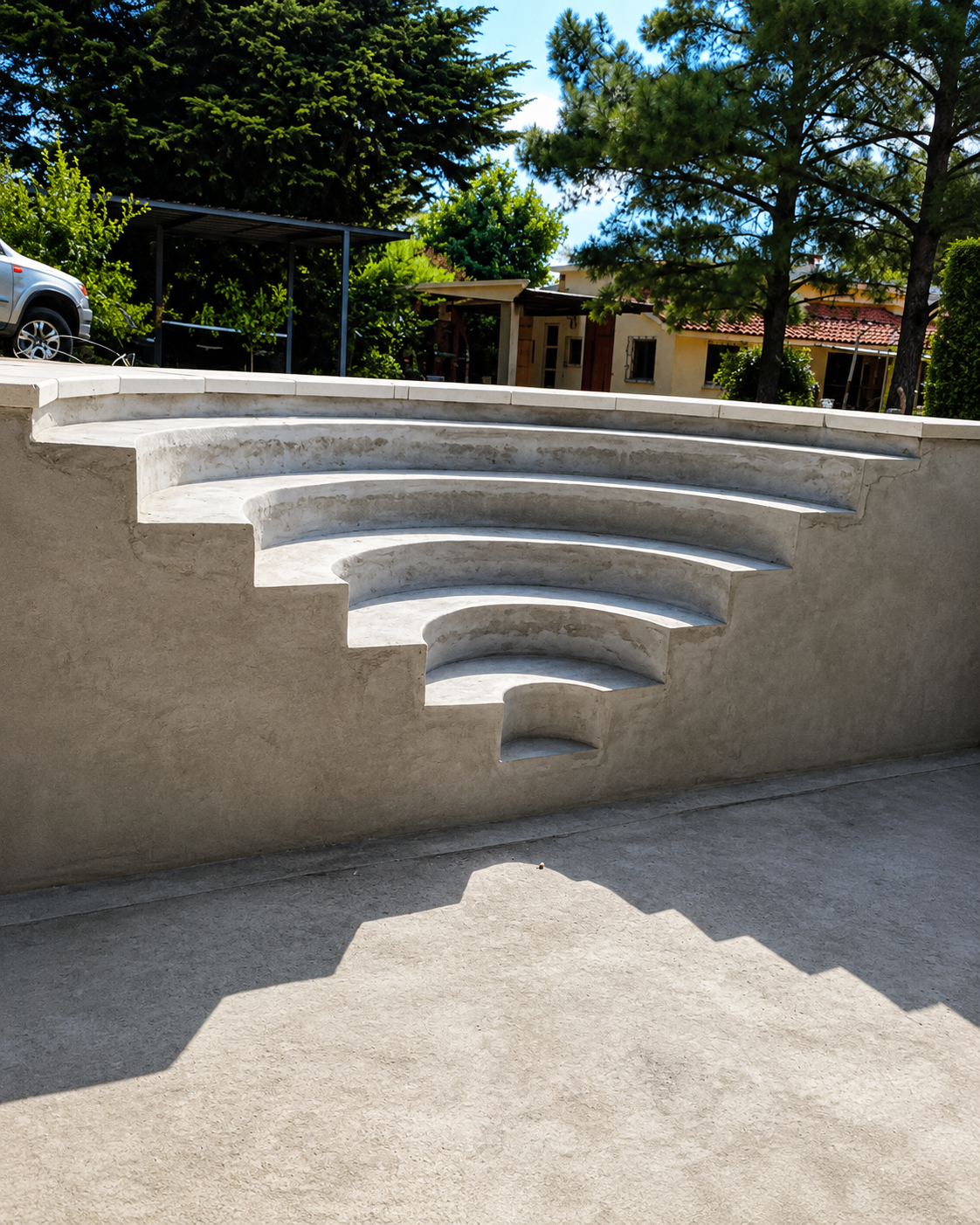 Piscina con escalones curvos de hormigón que muestran la calidad del detalle constructivo